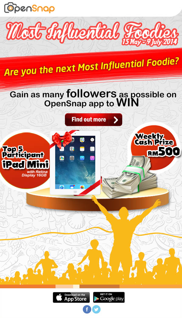 Use OpenSnap mobile app to snap food photos & get as many Followers as possible to Win ! 
